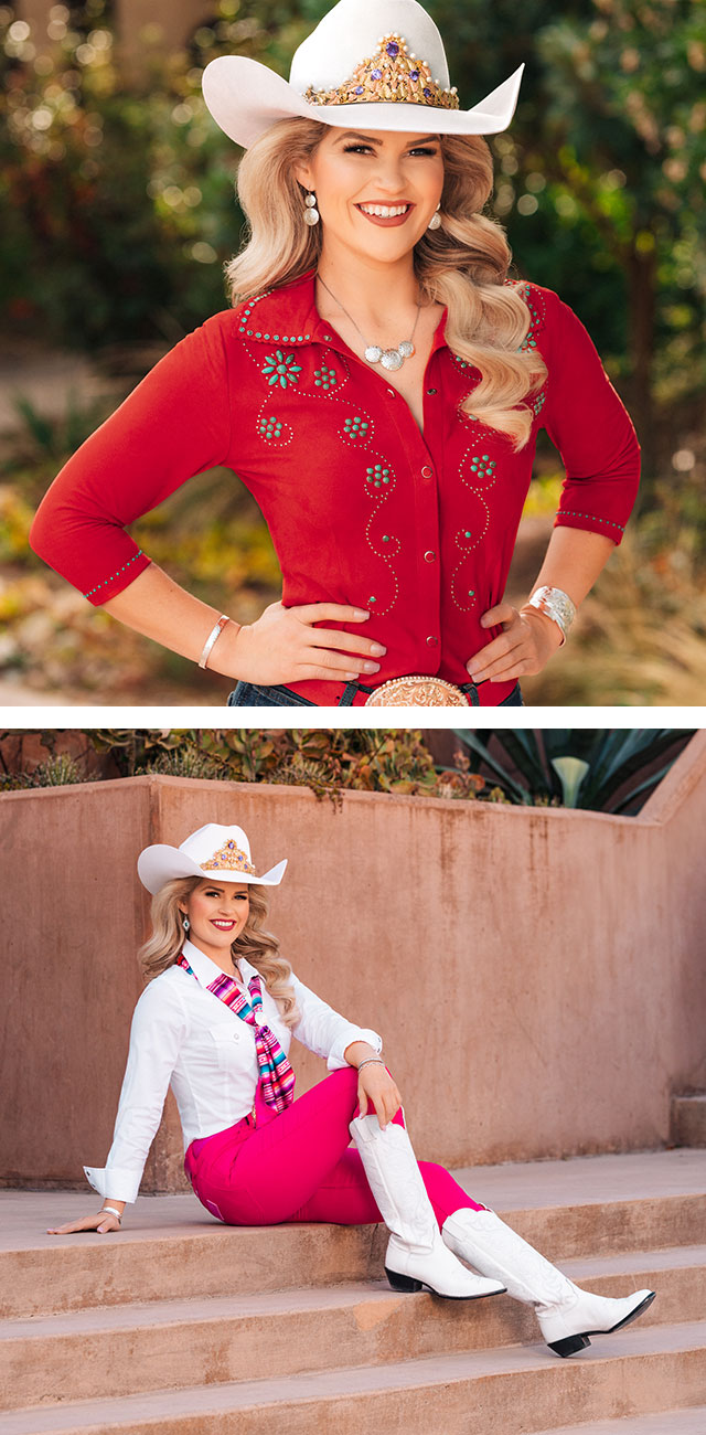 A photo montage. Miss Rodeo America is standing with her hands on her hips. She is wearing a red shirt with turquoise accents and a white cowboy hat with a gold crown. Miss rodeo America wearing a tall top white Justin Boot and a white hat, sitting on cement stairs posing.